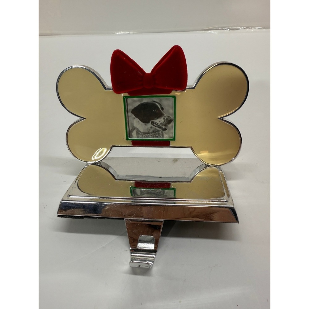 Silver Dog Bone Christmas Stocking Holder with Red Bow and Photo Frame‎ Mantel